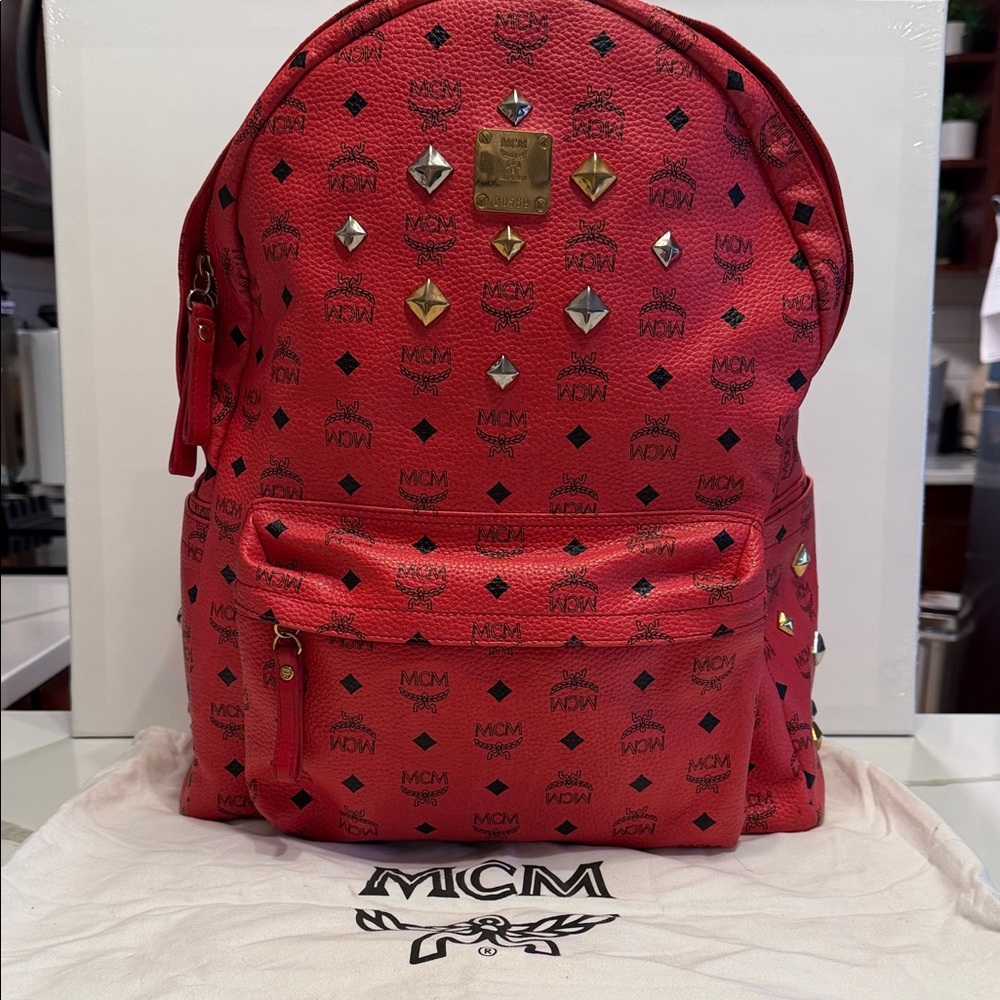 MCM Red Backpack with Silver and Gold Studs